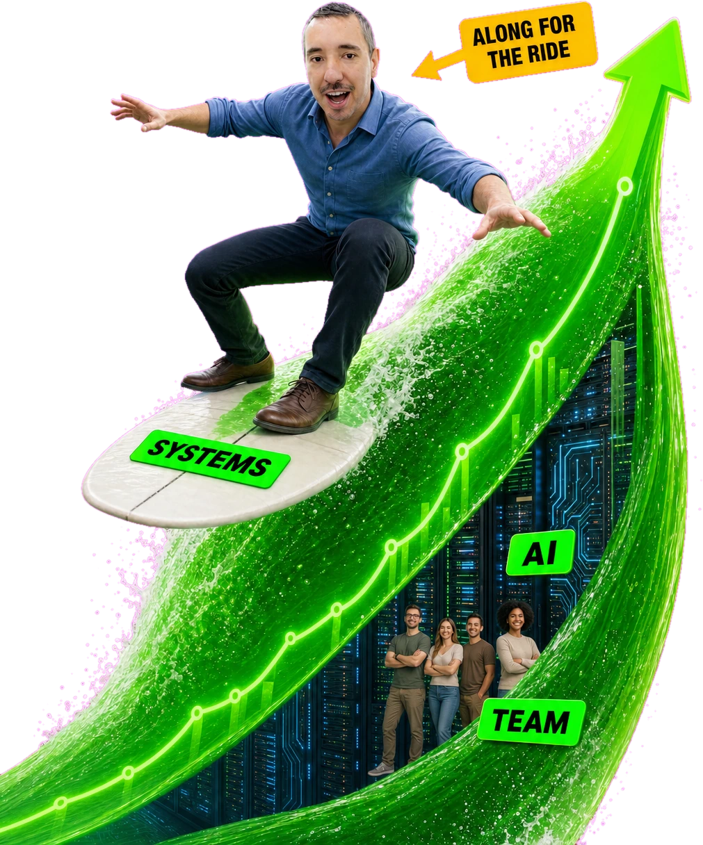 Janez surfing a rising green wave on a board labelled SYSTEMS, with AI machinery and a smiling team inside the wave, beside an arrow reading ALONG FOR THE RIDE