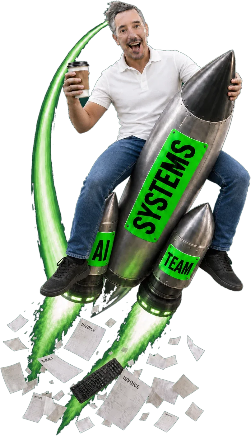 Janez riding a rocket labelled SYSTEMS, with AI and TEAM boosters, leaving invoices and a keyboard behind