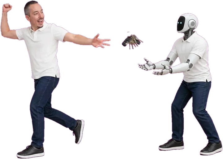 Throwing the keys to a robot dressed in his own polo and jeans, walking away with a fist in the air
