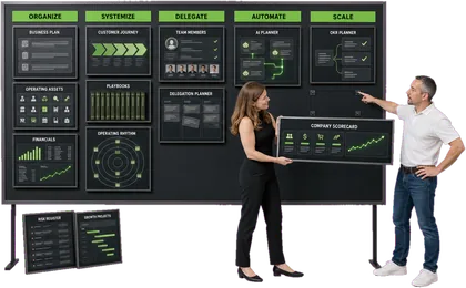 Janez and a client hanging the final Company Scorecard panel onto a wall of their operating system — Organize, Systemize, Delegate, Automate, Scale