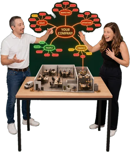 Janez and a client over the miniature office with the red company mind map above it
