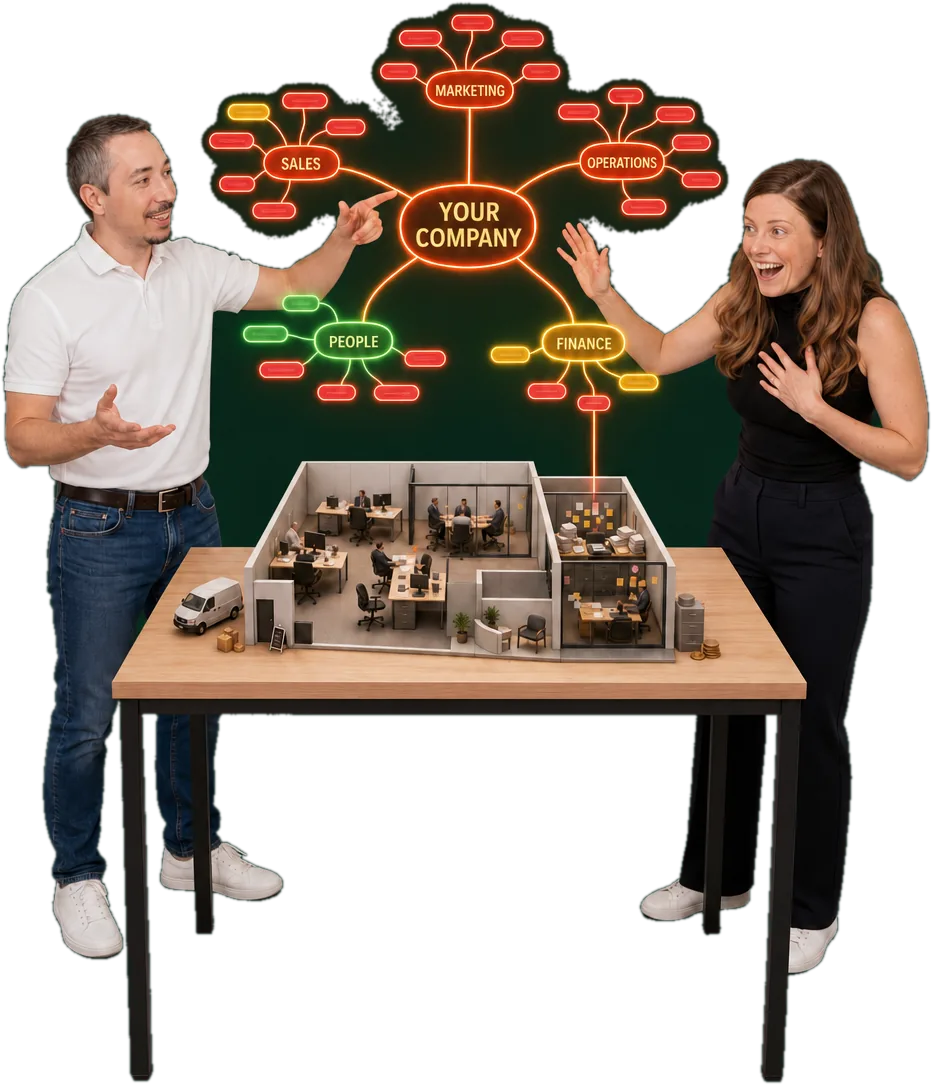 Janez and a client at a standing table, laughing over a miniature cutaway office as a glowing red company mind map — Your Company, branching into Marketing, Sales, Operations, People and Finance — floats above it